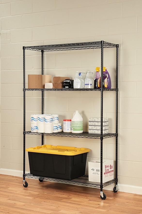 Alera ALE Complete Wire Shelving Unit w/Caster, Four-Shelf, 48 x 18 x 72, Black
