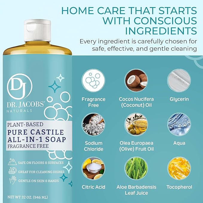 Dr. Jacobs Naturals Fragrance Free Castile All-in-One Cleaner and Soap - Plant-Based Formula for House Cleaning Floors and Appliances - Gentle on Skin and the Planet - 32 oz, 1 Pack