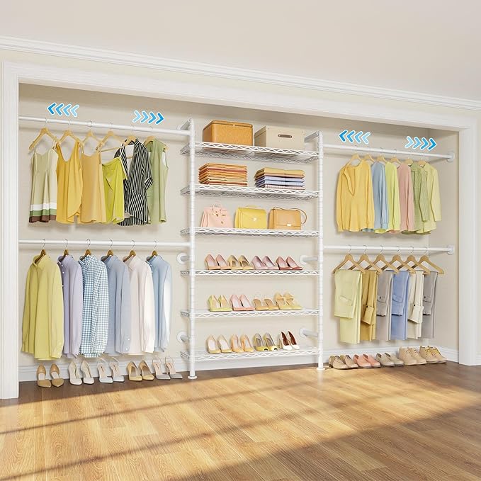 Timate S3X PLUS Closet System, Expandable Wall Mounted Closet with 6 Adjustable Shelves & 4 Expandable Hanger Rods, Industrial Pipe Clothing Rack for Hanging Clothes, Fits Spaces 6'11"- 9'10", White