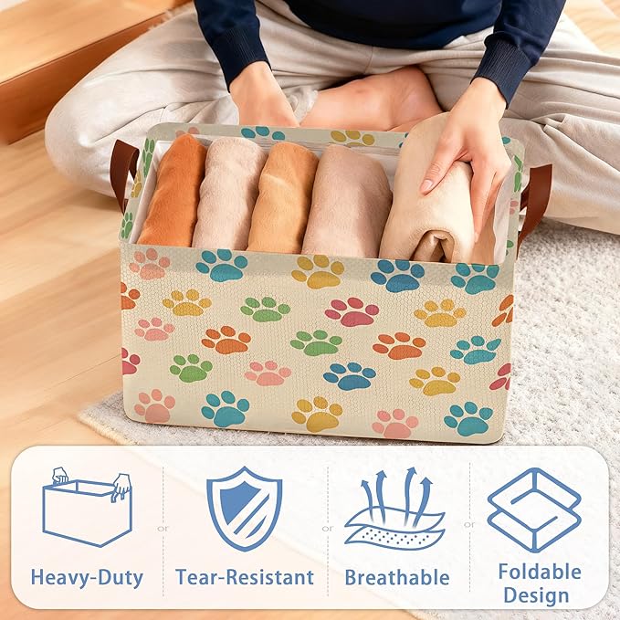 Colorful Cat Dog Paws Collapsible Storage Box,Organizer Bin with Handles for Room Decoration,Bins Book Basket Box 17x11.5x10Inch