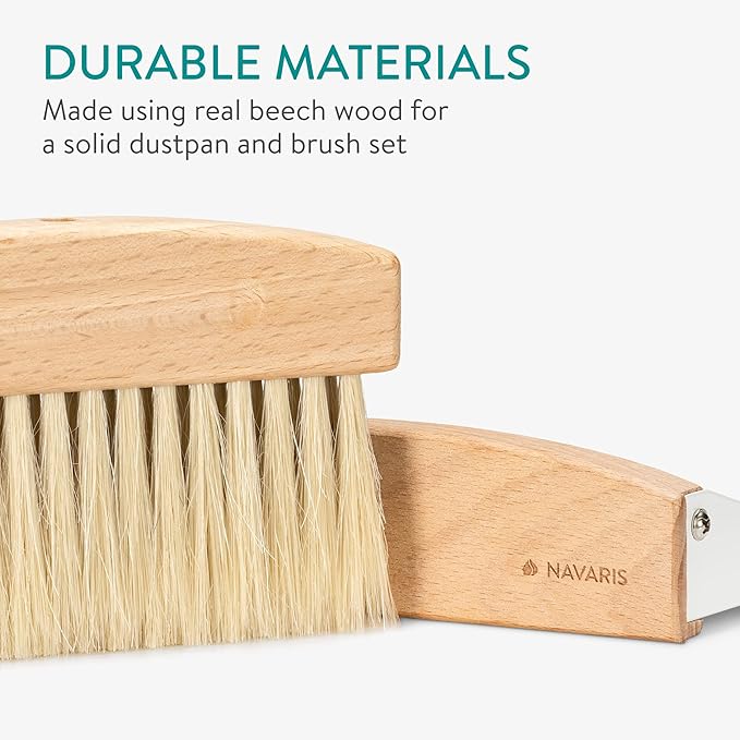 Navaris Small Dustpan and Brush Set - Wooden Mini Dustpan and Compact Horsehair Brush for Sweeping Table and Countertop - White