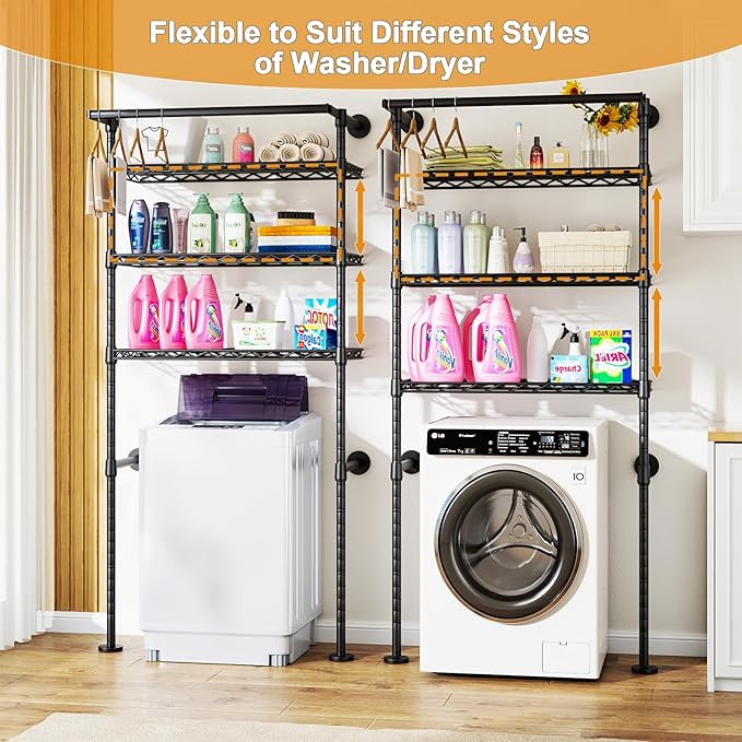 ULIFHOME U17 Wall-Mounted Over Washer and Dryer Storage Shelves, Without Moving Washer or Dryer Laundry Room Storage Rack with Hanger Rod, 35" W x 22" D x 86.2" H, Holds 352 lbs, Black