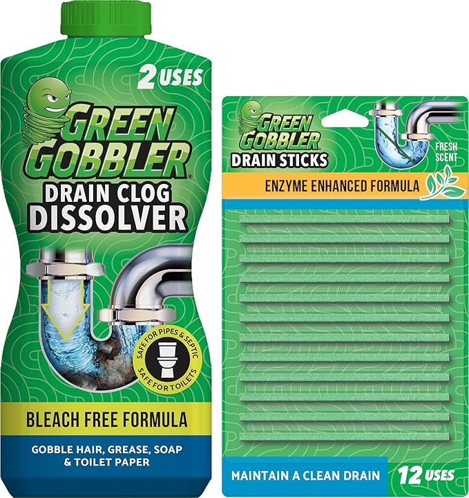 Green Gobbler Liquid Hair Drain Clog Remover | For Toilets, Sinks, Tubs & Fresh Scent Drain Sticks | 12 Pack | Drain Cleaner & Deodorizer
