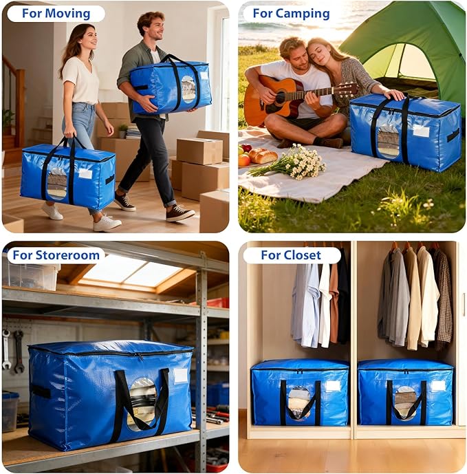 4 Pack Extra Large Moving Bags, Heavy Duty PE Woven Storage Totes with Visible Window & Wrap Around Handles, Reusable Space-Saving Alternative for Home Relocation & Storage