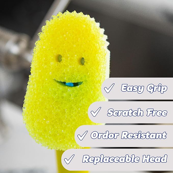 Scrub Daddy Dish Daddy Dish Wand & Connector Head, Soap Dispensing Dish Brush, Texture Changing Washing Up Sponge With Liquid Handle, Dish Sponge with Built-in Scraper, Scrubbing Head & Stand - Yellow