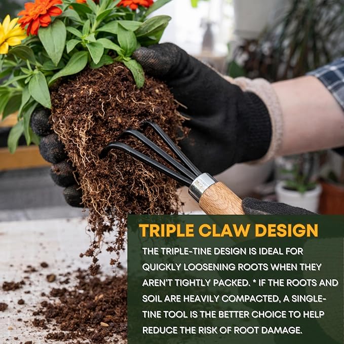 Garden Helper Triple Claw Root Hook for Plants - Bonsai Repotting Tool - Heavy Duty Hardened Steel Blade with Ergonomic Wood Handle
