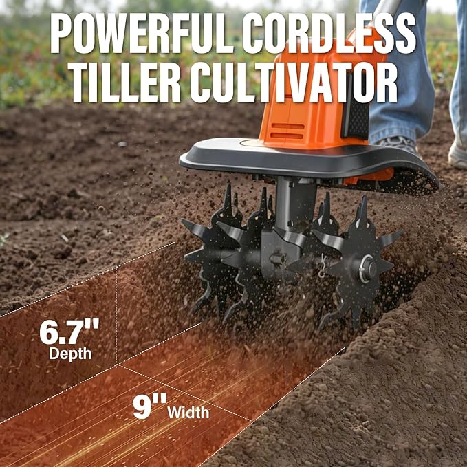 MAXLANDER 20V Cordless Tiller Cultivator, 9-Inch Electric Garden Tiller with 48 Steel Tines, 360RPM Battery Powered Rototiller for Gardening,2 x 3.0Ah Battery and Charger Included