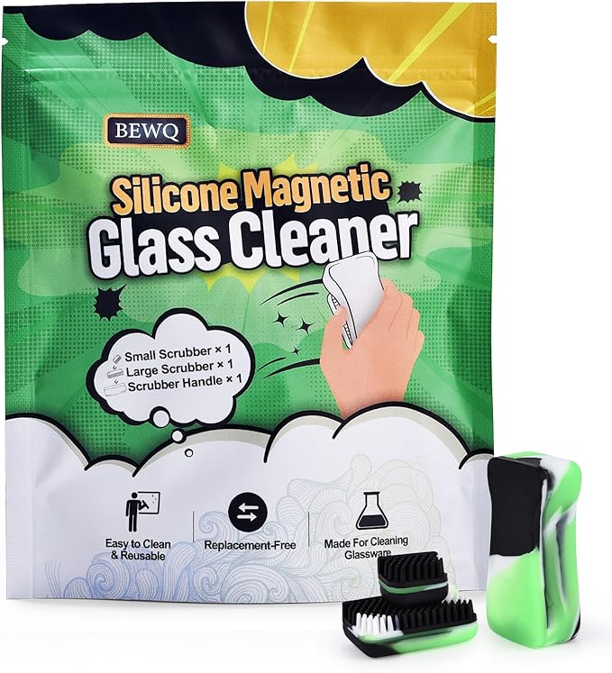 Magnetic Glass Cleaner Kit - Reusable Pipe Cleaning Tool Deep Cleans Hard-to-Reach Stains Two Silicone Brush with Handle Design Versatile for Glassware, Ceramic Surfaces, Green