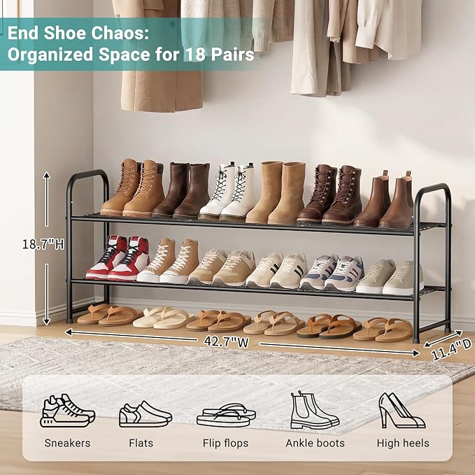 AOODA Long 2 Tier Shoe Rack for Closet Metal Wide Stackable Shoe Storage Organizer for Entryway, Bedroom, Floor, 18-Pairs Low Shoe Shelf, Black