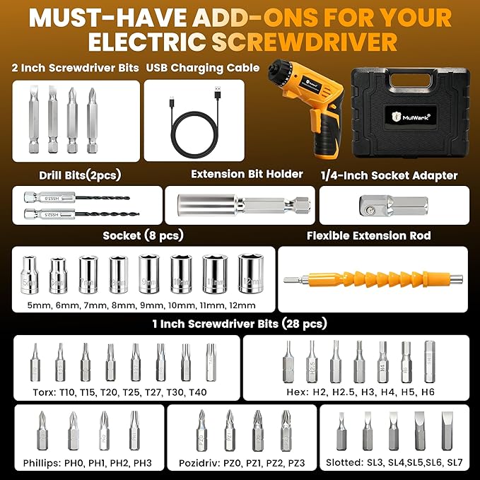 MulWark Electric Screwdriver Set, 4V Cordless Screwdriver with 46 Precision Driver Bit Set in Carrying Case Rechargeable 2-Position Handle, Powered Screwdriver Kit for Home Improvement, DIY Projects