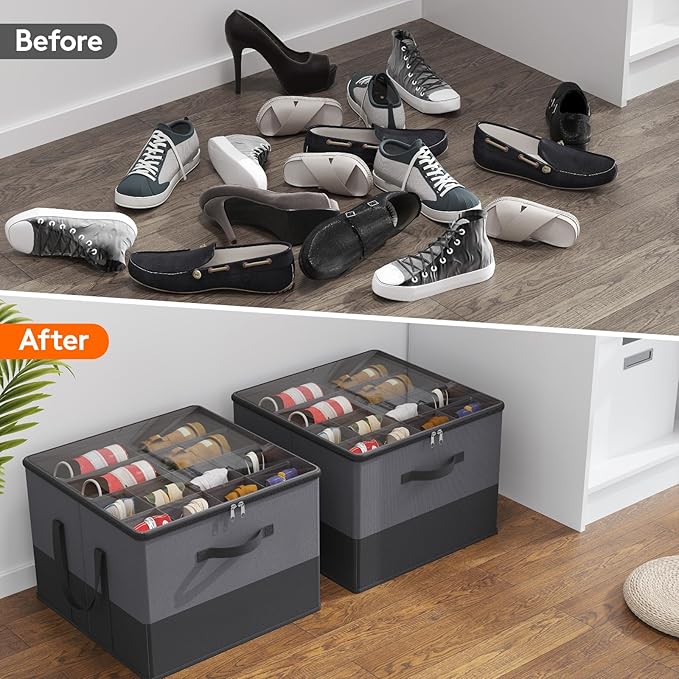 Lifewit 4 Pack Shoe Storage Organizer for Closet, Large Shoe Box Storage Containers with Clear Cover, Foldable Storage Bins Fit for Boots Fits 48-64 Pairs (Each 12-16 Pairs) Gray and Black