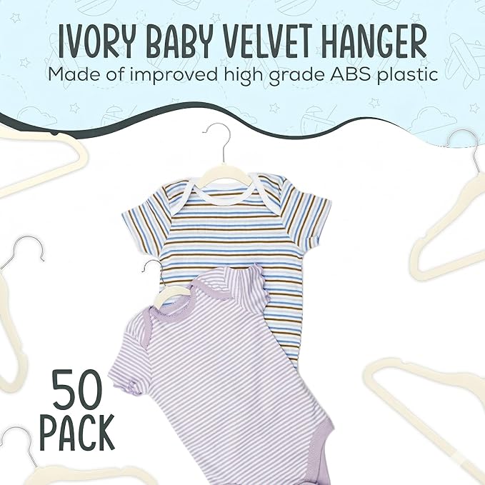 TechZoo 50 Premium Baby Velvet Hangers - 11.8" Non-Slip, Ultra-Slim Space-Saving Children Closet Hangers - 360° Swivel Hook, Strong & Durable Infant & Toddler Clothes Hangers for Wardrobe - Ivory