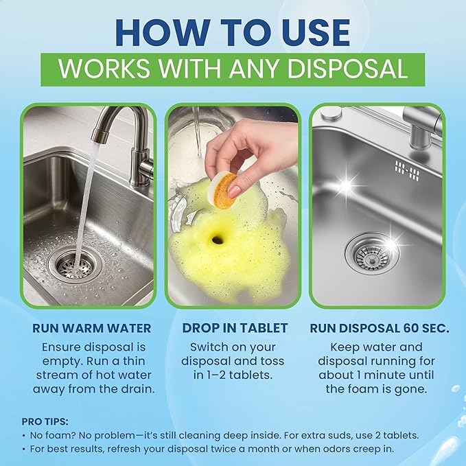 Garbage Disposal Cleaner Deodorizer Tablets – 24 Pack XL Foaming Citrus Cleaning Tablet - Sink Drain Disposer Garburator Freshener Odor Eliminator Grease Remover Septic Safe - 1 Year Supply