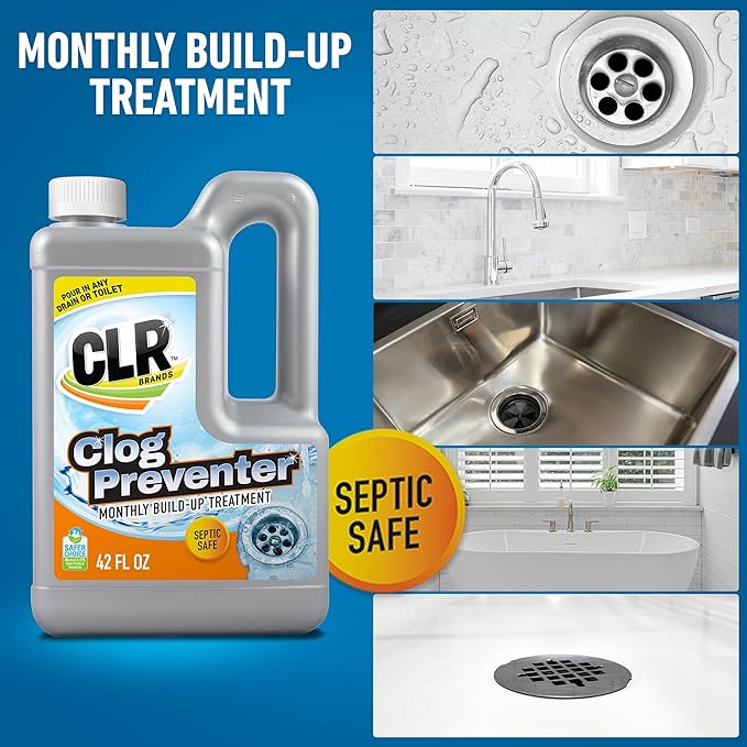 CLR Brands Clog Preventer Monthly Build Up Remover, 42 oz. Bottle, Drain Cleaner, Degrades Oils, Grease, Proteins and Fatty Acids, Safe for All Pipes and Septic Systems