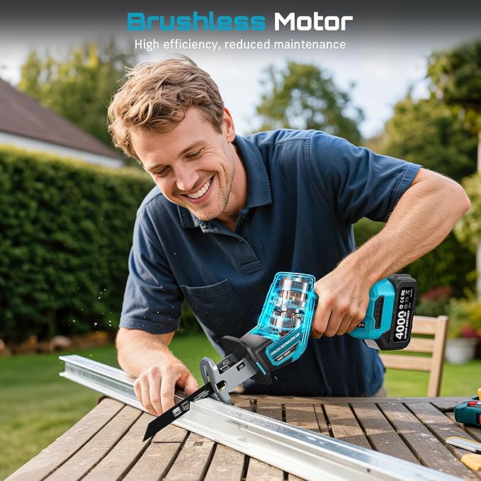 SEESII Reciprocating Saw Cordless, Variable Speed 3500 RPM Brushless Motor with 6 Saw Blades, 2 x 4.0Ah Batteries, LED Light, Tool‑Free Blade Change, Portable for Wood PVC Cutting