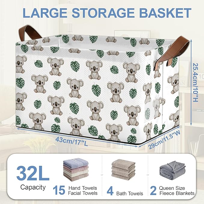 Cute Koala Storage Basket,Palm Leaf Collapsible Storage Bin Cubes for Living Room Bedroom Blankets Home Storage 17x11.5x10Inch