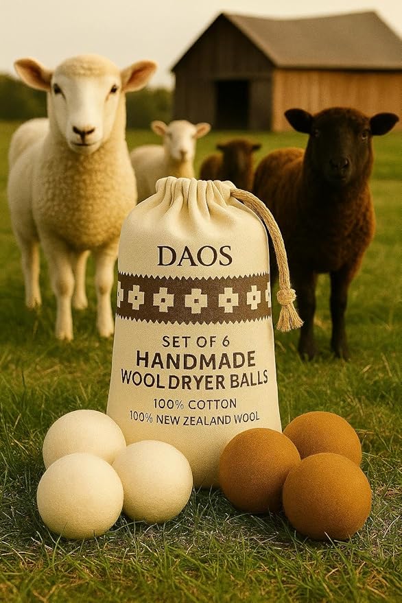 Wool Dryer Balls – Pack of 6 (3 White + 3 Brown) with Storage Bag – 100% New Zealand Wool – Reusable, Eco-Friendly Natural Laundry Dryer Balls for Faster Drying
