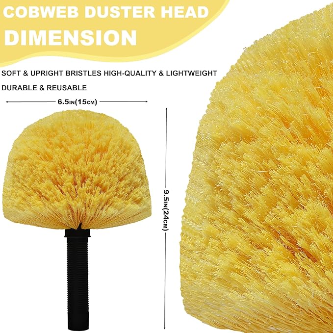2 Pack Robust Cobweb Duster Head Brush – Superior Twist-On Web Cleaning Tool – Spider Web Remover Brush Compatible with Standard 3/4 Inch Threaded Poles for Outdoor & Indoor Use – Head Only (Yellow)