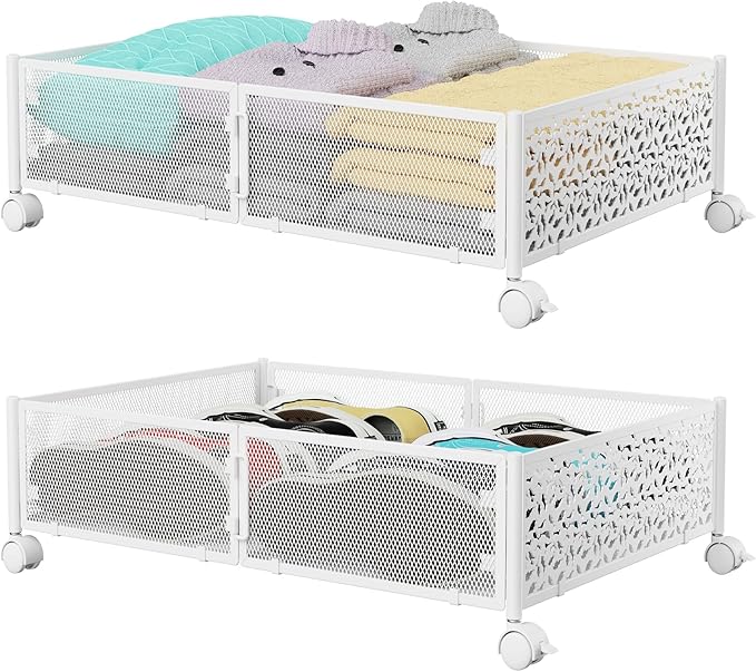 Under Bed Storage, Under the Bed Storage Containers with Wheels, Under Bed Shoe Storage Organizer Drawer, Tool-free Assembly Metal Underbed Storage for Bedroom Clothes Shoes Blankets-2 Pack White