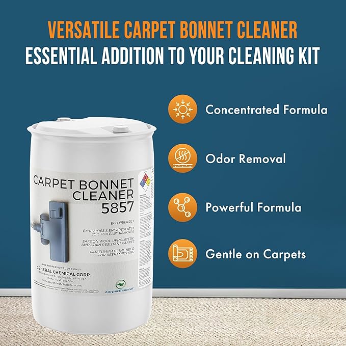 Bonnet Cleaner 5857 - Heavy Duty Shampoo Carpet Freshener Solution for Machine - Fast Drying & Pet Safe Carpet Shampoo for Rotary Cleaners, Commercial, & Industrial Use - 55 Gallon