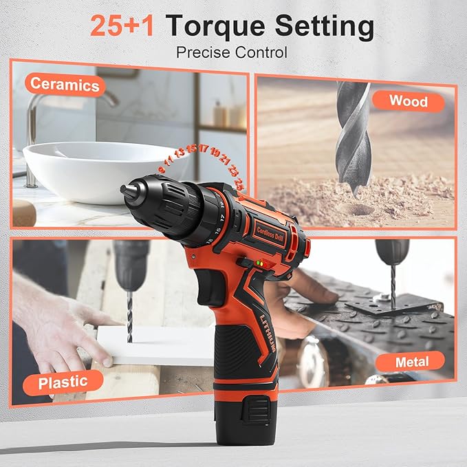 Cordless Drill Set,12V Power Drill Driver 3/8" Keyless Chuck with 92 Acessories, Built-in LED Light, 25+1 Position, Electric Drill for Home DIY Projects (Orange)