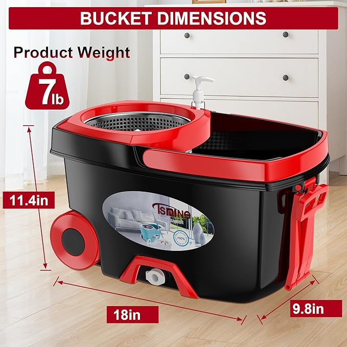 FunClean 360° Spin Mop and Bucket Set with Wringer, 6 Extra Microfiber Heads, 61" Extended Handle for Effortless Floor Cleaning, 2X Wheel Design - Black