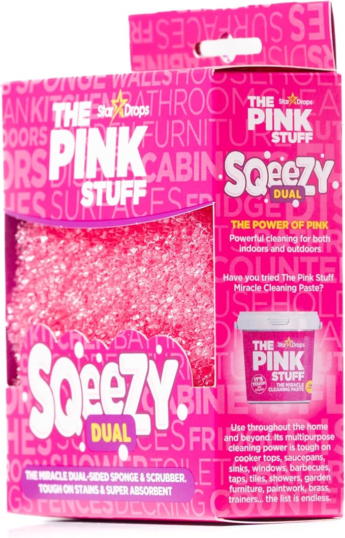 Stardrops – The Pink Stuff – SQeeZY Miracle Dual Sided Scrubber Sponge, Scratch Free Solution for Ultimate Home Cleaning - Perfect for Kitchens, Bathrooms, and Outdoor Use, 3-Pack