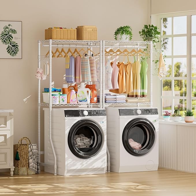 Golpart Over Washer and Dryer Shelves,2 Tier Adjustable Height Wire Shelving Laundry Room Storage Organization Clothes Drying Rack with Hanger Rod&Hooks,Space Saving Organizers Shelf,White