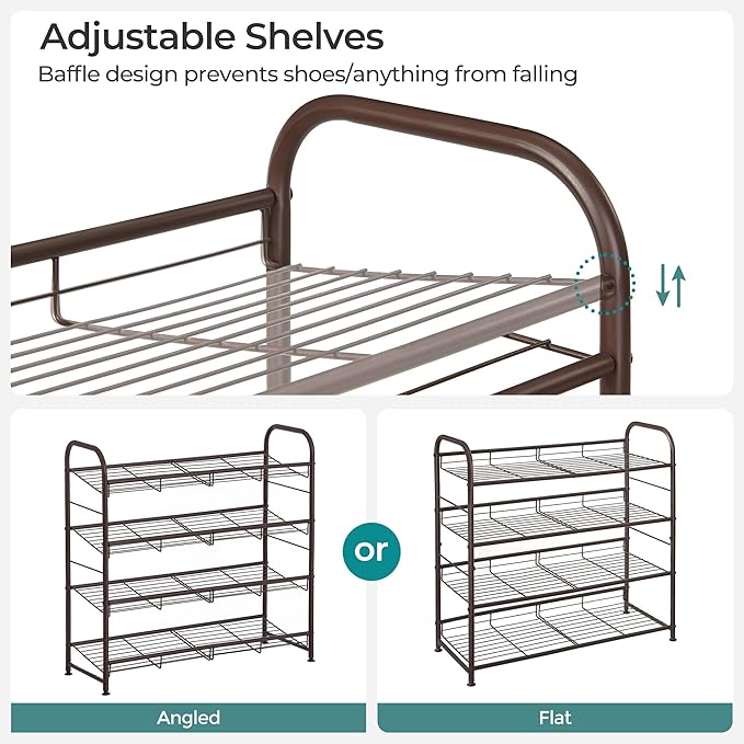 SONGMICS Stackable Shoe Rack, 4 Tier Metal Shoes Rack Storage Shelf, Holds up to 16 Pairs Shoes, Adjustable Slanted Shelves Tower Organizer for Closet Entryway Small Spaces, Bronze
