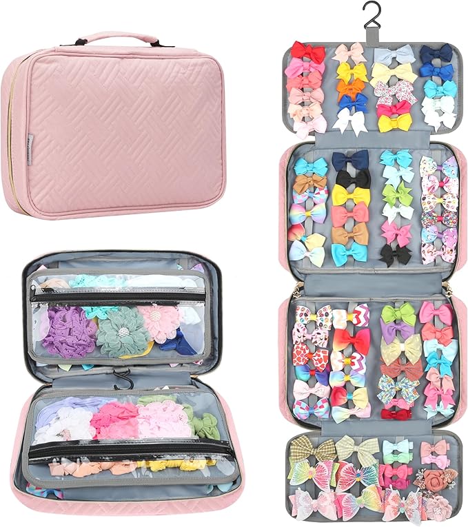 MICOM Hanging Hair Accessories Storage Bag - Organizer for Girls' Hair Bows, Clips, Headbands, Scrunchies & Ties - Display Case with Hook