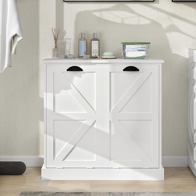 Two-Compartment Tilt-Out Laundry Sorter Cabinet with Removable Cloth Bags,Laundry Room Organization,UV Painting Cabinet for Laundry Room,Bathroom,Utility Room-White
