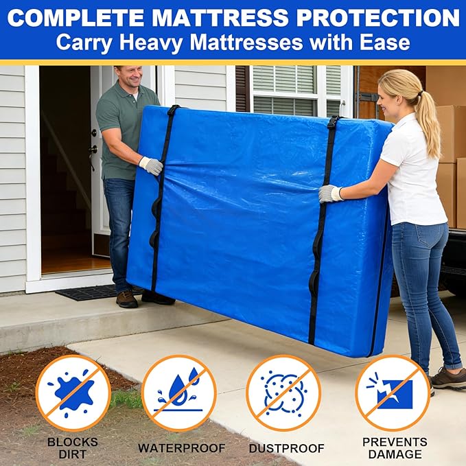 TICONN Mattress Bags for Moving, Heavy Duty Queen Mattress Cover Storage Bag with Full-Around Handle and Adjustable Buckles (Blue, Queen)