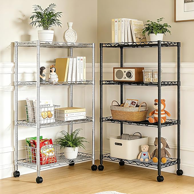 4-Tier Metal Shelf Wire Rack,Narrow Shelving Unit 17.3" Wx11.4 Dx44.3 H,Height Adjustable Kitchen Pantry Shelves with Lockable Wheels Storage for Laundry,Office,Bathroom Or Small Spaces