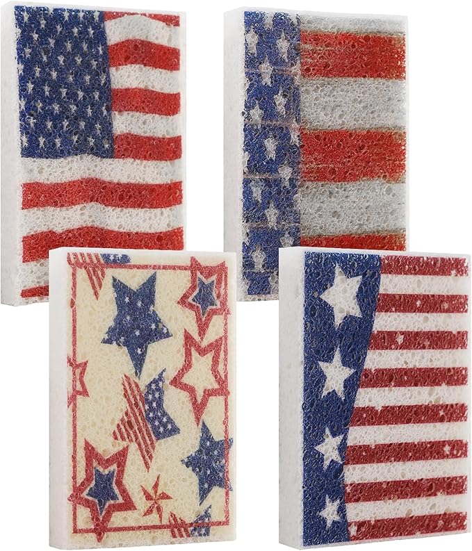4Pcs USA Flag Heavy Duty Kitchen Dish Sponges | Large Odor Free Non-Scratch Scrub Pad | Household Cleaning Scrubber for Sink, Counters, Surfaces, Pots, Pans, Dishwashing (6" x 4" x 1"), Style 1