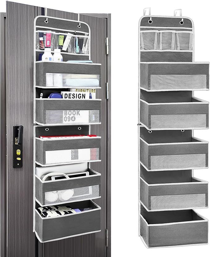 Ease of Assembly Over The Door Organizer,6 Tiers Anti Tilt Hanging Behind Door Storage, Heavy-Duty Reinforced Mesh Rack Holds 44lb for Bathroom,Pantry, Nursery,Closet, Shoes, Towels,Dark Grey