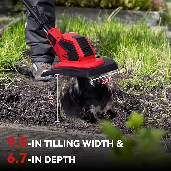 Cordless Tiller Cultivator, 360RPM Electric Garden Tiller with 2×3.0AH Batteries & 1.5A Fast Charger, Battery Powered Garden Cultivator, 9.5In Tilling Width & 6.7In Depth Garden Rototiller
