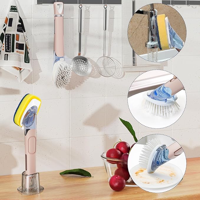 Dish Brush with Soap Dispenser Storage Set with 2 PCS Brush Refills & Holder, Dish Scrubber with Soap Dispenser, Dish Soap Brush, Dish Wand with Soap Dispenser for Dishes, Pans, Sink, Pots(Pink)