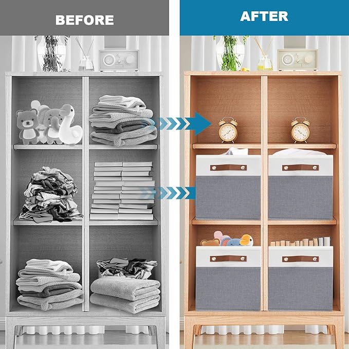 4 Pack Fabric Storage Baskets for Shelves, Closet Storage Bins for Shelves, Fabric Baskets for Organizing with Handles for Home and Office (White with Grey,15"L*10.2"W*9"H)