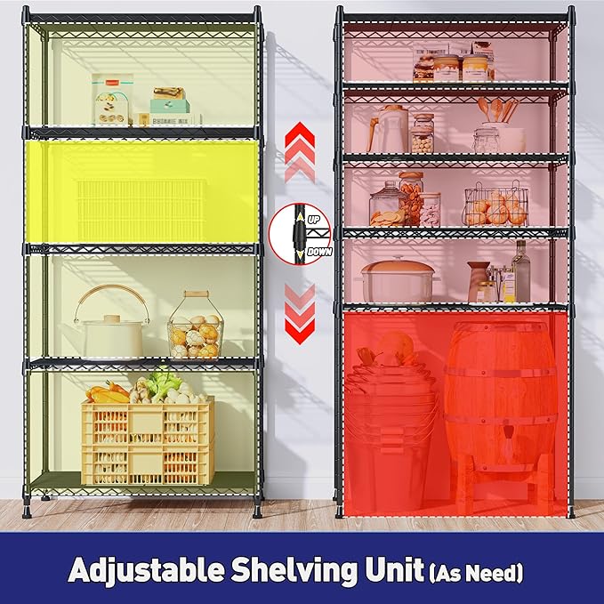 Romorgniz Storage Shelves Adjustable Metal Shelving Unit 5 Tier Wire Shelving,1010LBS Pantry Shelves Sturdy Steel Wire Shelf for Laundry Bathroom Kitchen Pantry, 13.6" D x 21.5" W x 59.4" H, 2PCS
