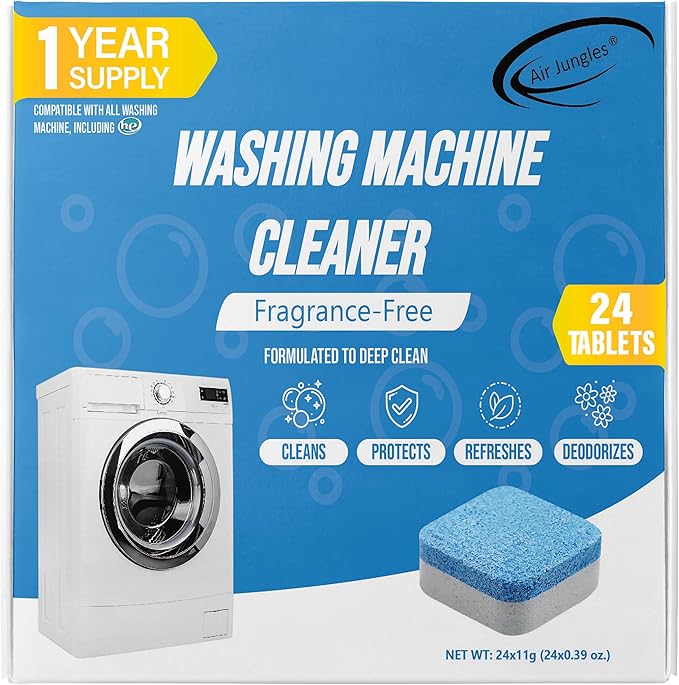 Air Jungles Washing Machine Cleaner Tablets 24 Count, Fragrance Free, Deep Cleaning Laundry Washer Drum and Tub, Compatible with Front and Top Load Washer, 12 Month Supply
