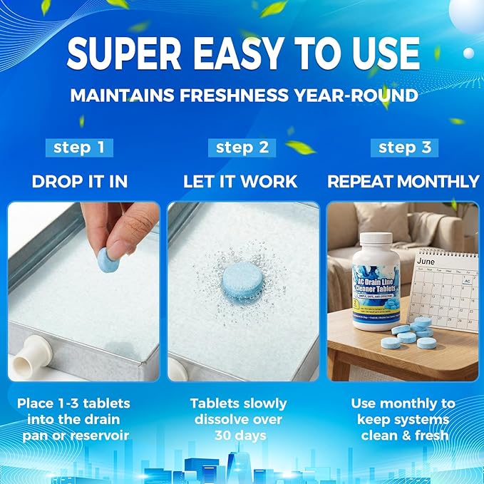 Loopeer 200 Ac Drain Line Tablets Cleaner, Fast Acting Prevents Overflow HVAC Drain Pan Clean for HVAC, Window Units, Mini-splits, Dehumidifiers and Refrigerators System Maintenance