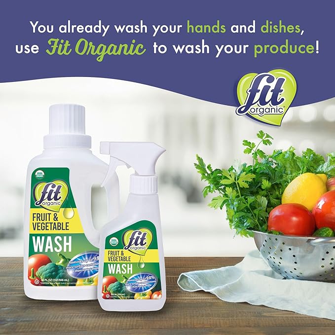 Fit Organic Soaker Produce Wash – USDA Certified Organic & Kosher Fruit and Vegetable Cleaner – Removes 98% Pesticides, Wax & Contaminants – Family & Pet Safe, Chemical-Free, 32 Oz