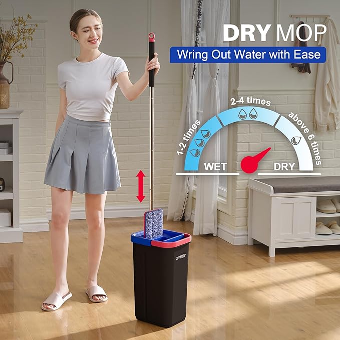 JOYMOOP Microfiber Flat Mop and Bucket System, Mops for Floor Cleaning and Wall Cleaner, Hardwood, Tile, Laminate, Vinyl Floors, Smooth Walls, and Glass Windows - 60" Flat Mop+3 Microfiber Pads[Black]