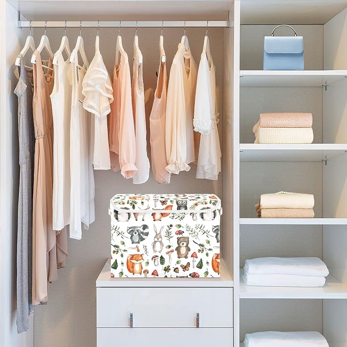 senya Large Storage Bins with Linen Collapsible Foldable Storage Cubes Fabric Closet Organizer Containers box with Flip-Top Lid for Home Bedroom Office 16.7 x 12.6 x 11.8in (Linen-woodland)