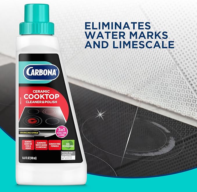 Carbona Ceramic Cooktop Cleaner | Grease & Burnt-On Food Remover | Non-Abrasive Formula | 16.8 Fl Oz, 3 Pack