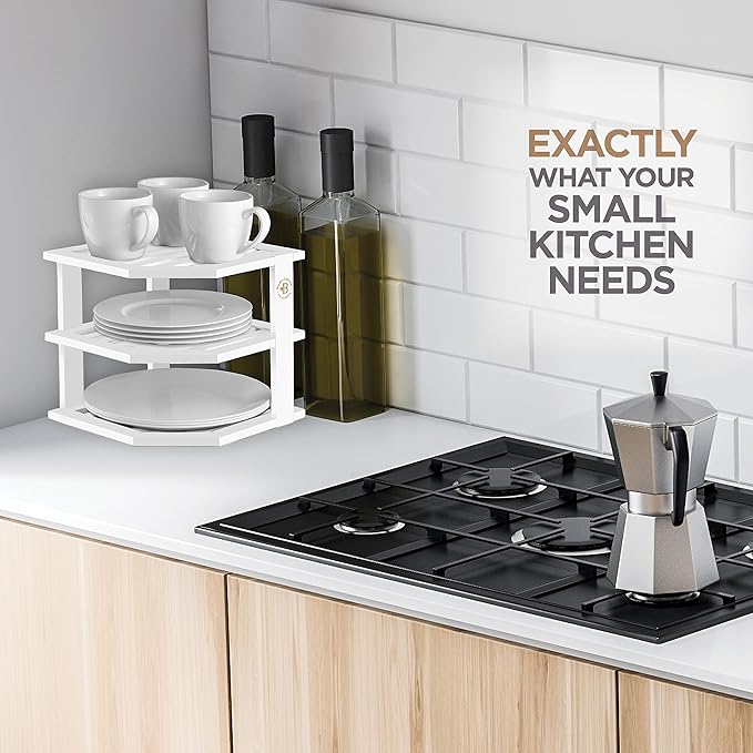 Bambüsi Plate Organizer for Cabinet - Corner Cabinet Organizer and Kitchen Cabinet Organizer Shelf, Kitchen Countertop Organizer for Plates, Dishes and Bowls, Space Saving Corner Rack, White