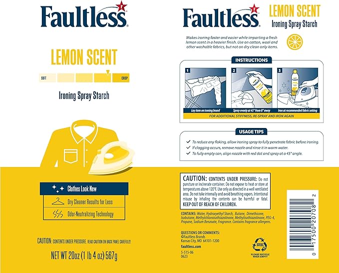 Faultless Lemon Laundry Starch - Lemon Scented Spray Starch 20 oz Cans for Smooth Iron Glide on Clothes & Fabric - Easy Iron Glide, No Residue (Pack of 3)