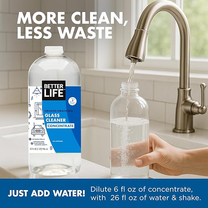 BETTER LIFE Glass Cleaner Concentrate - Streak-Free Window Cleaner for Home, Kitchen, Bathroom, Shower, Car - Works on Glass, Windows, Mirrors, Light Fixtures - 32oz Unscented