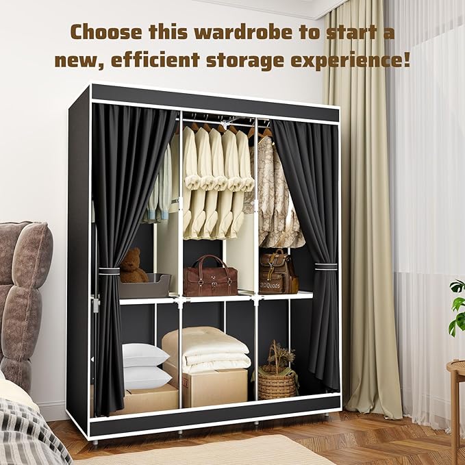 BAOKALER Portable Closet, Portable Closets for Hanging Clothes with 3 Hanging Rods and 6 Storage Shelves, Non-Woven Fabric Cover, Black Wardrobe Closet Easy to Assemble and Strong and Stable