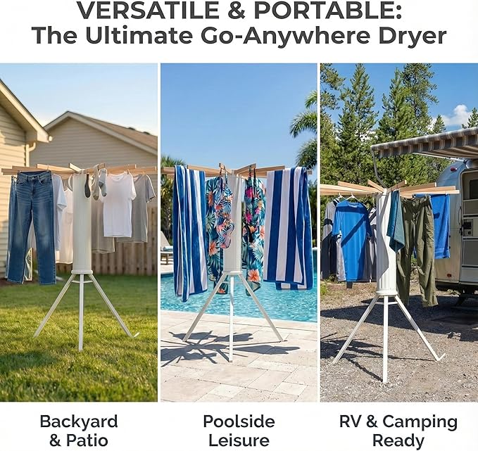 Laundry Drying Rack Collapsible, Tripod Clothes Drying Rack Foldable with 16 Wooden Rods Ideal for Versatile Indoor and Outdoor Use in Apartment, RV, Balcony and Bedroom.